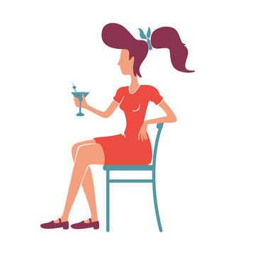 Retro elegant young woman with cocktail flat color vector faceless character. Old fashioned female person. Rockabilly style lady in red dress sitting, drinking alcohol isolated cartoon illustration