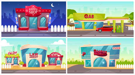 Shop fronts flat color vector illustrations set. Barbershop exterior at night. Law agency in neighborhood. Supermarket facade. Gas station with car in overdrive. Modern 2D cartoon cityscape