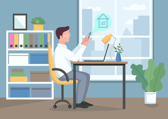 Automated climate control flat color vector illustration. Guy controlling smart home thermostat. Domestic life innovations. Young man with smartphone 2D cartoon character with workplace on background