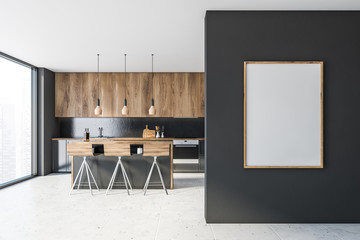 Gray and wooden kitchen with bar and poster