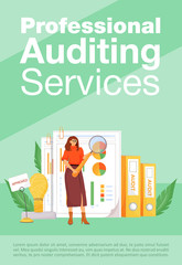 Professional auditing services poster flat vector template. Financial analysis, business analytics brochure, booklet one page concept design with cartoon characters. Accounting flyer, leaflet