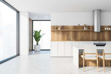 White and wooden panoramic kitchen with bar