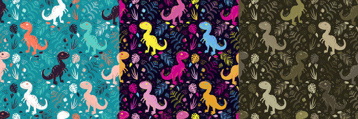 Hand Drawn Seamless pattern of Cartoon Dinosaur for girls, boys, clothes. Funny aleontology wallpaper for textile and fabric. Paleontology style