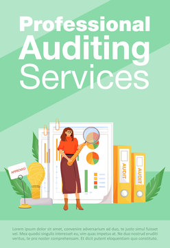 Professional auditing services poster flat vector template. Financial analysis, business analytics brochure, booklet one page concept design with cartoon characters. Accounting flyer, leaflet