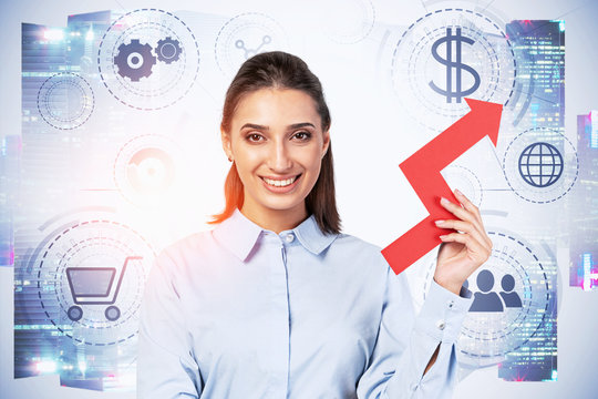 Smiling woman with graph, online shopping