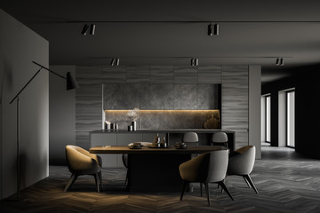 Dark gray kitchen with bar and dining table - obrazy, fototapety, plakaty