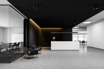 Reception in white and black office, meeting room