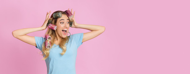 Beauty day at home. Housewife looking at empty space