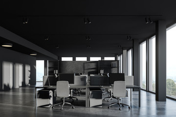 Fototapeta na wymiar Panoramic gray open space office interior