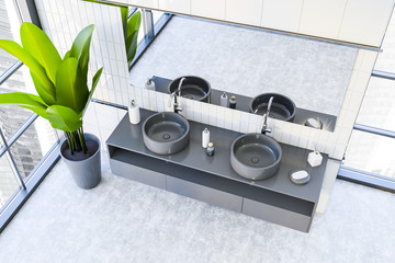 Double sink in white tile bathroom, top view