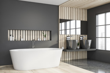 Gray and wooden master bathroom corner