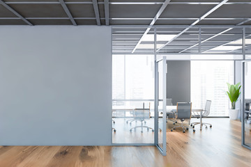 Grey conference room interior with mock up wall