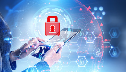 Woman with tablet, cyber security interface