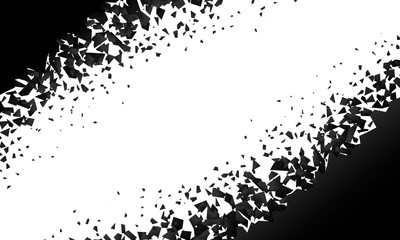 background explosion with debris. Isolated black illustration on white background. Concept, template for sale. Horizontal banner with 3d effect of particles.