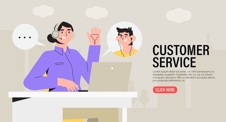 Woman specialist with microphone and headphones from customer service working on laptop in office helping a guest. Concept of online support or assistance , call center or e-commerce banner.