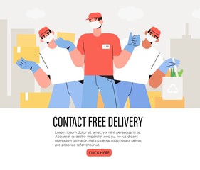 Couriers holding package in medical mask and gloves. Concept of contactless or to the door delivery 24/7. Coronavirus quarantine shop or store food or medical supplies express fast delivery service.