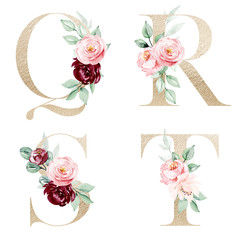 Floral alphabet, gold letters set with watercolor flowers and leaf. Monogram initials perfectly for wedding invitation, greeting card, logo, poster and other design. Hand painting. 