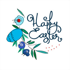 Happy Easter holiday design with hand-lettered greetings, flowers and egg. Isolated on white background