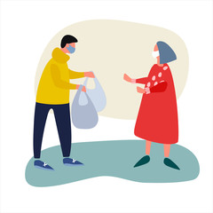 Volunteer helps elderly woman with shopping. Social work during quarantine concept. Covid-19 awareness concept. Assistance to vulnerable category concept. Vector illustration in flat style