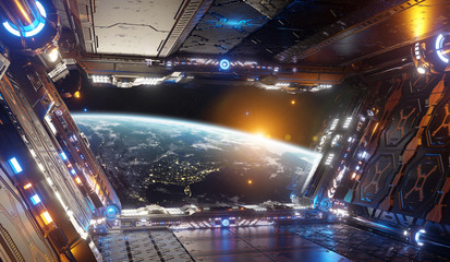 Orange and blue futuristic spaceship interior with window view on planet Earth 3d rendering