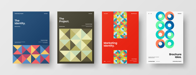 Business presentation vector A4 vertical orientation front page mock up set. Corporate report cover abstract geometric illustration design layout bundle. Company identity brochure template collection.