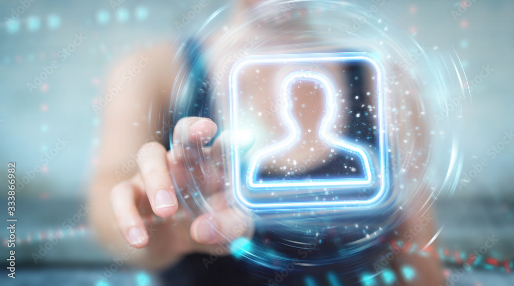 Poster woman using digital blue holographic user interface 3d rendering