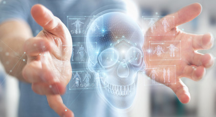 Man using digital x-ray skull holographic scan projection 3D rendering