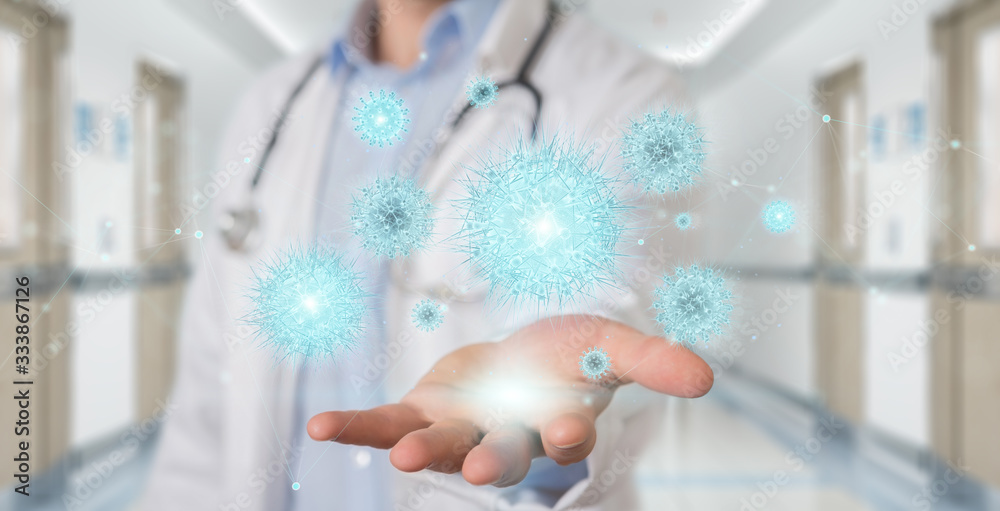 Poster doctor analyzing coronavirus on microscopic close-up 3d rendering
