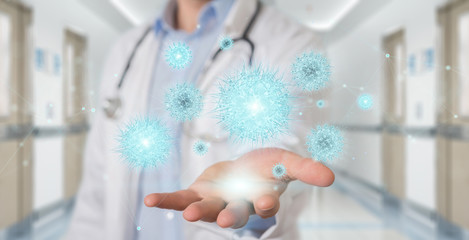 Doctor analyzing coronavirus on microscopic close-up 3D rendering