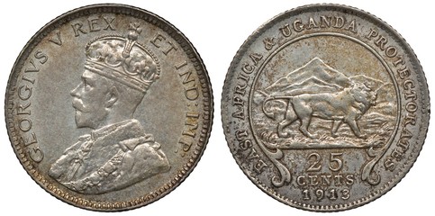 British East Africa and Uganda Protectorates silver coin 25 twenty five cents 1913, bust of King George V left, lion in front of mountains right, denomination and date below,