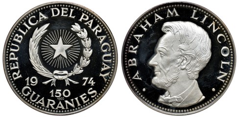 Paraguay Paraguayan silver coin 150 one hundred and fifty guaranies 1974, subject President Abraham...