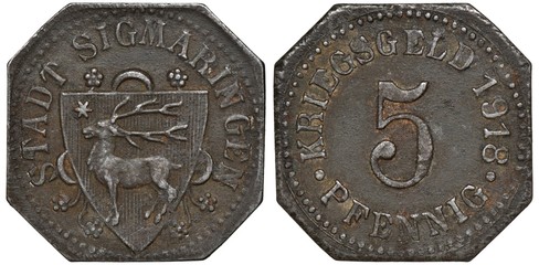Germany German City of Sigmaringen iron token 5 five pfennig 1918, emergency WWI issue, shield with...