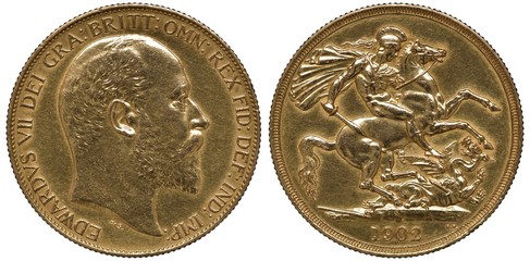 Great Britain British golden coin 2 two pounds 1902, head of King Edward VII right, St George on horse slaying dragon,