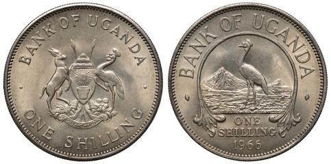Uganda Ugandan coin 1 one shilling 1966, African shield with supporters, East African crowned crane in front of mountains, denomination below, 