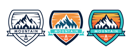 Set of Mountain logo vector illustration. Mountain badge design vector template design. Trendy Mountains logo design vector illustration template for Outdoor Adventure.