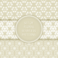 Floral seamless patterns compilation. White designs on olive green backgrounds