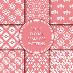 Compilation of floral patterns. White design with flowers on pale pink background