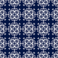 Floral seamless pattern. White design on dark blue background