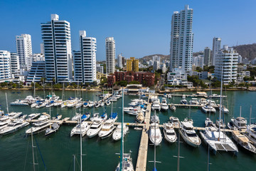 Fototapeta na wymiar Aerial view of the Marina in a beautiful bay in Cartagena, Colombia.