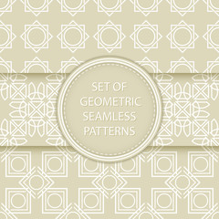 Compilation of geometric seamless patterns. White designs on olive green background