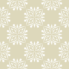 Seamless pattern with flowers. White design on olive green background