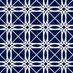 Geometrische afdruk. Wit patroon op donkerblauwe naadloze achtergrond