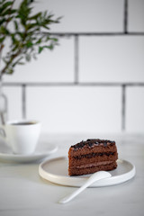 Delicious Chocolate Layer Cake on white marble background