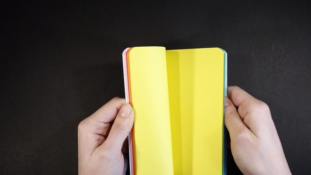 Colored notebook with the phrase "Be Yourself" written on one of the pages. Shot from above with the Sony a7iii.