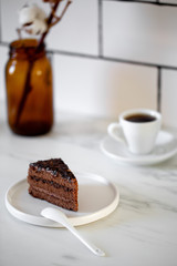 Delicious Chocolate Layer Cake on white marble background