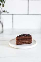 Delicious Chocolate Layer Cake on white marble background