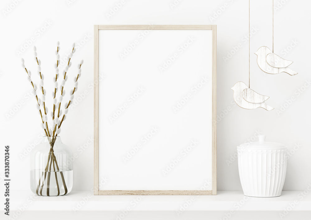 Aufkleber vertical poster frame mockup. spring interior decoration with willow branches and hanging birds on e