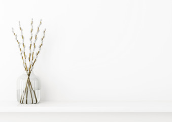 Interior wall mockup with willow branches in water on empty white background. Minimalist spring room decoration. 3D rendering, illustration.