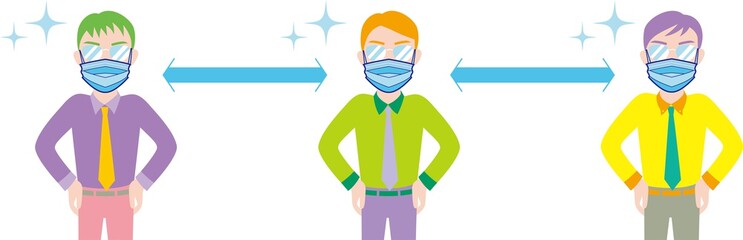 マスクをして適度な距離を保つ男性たち