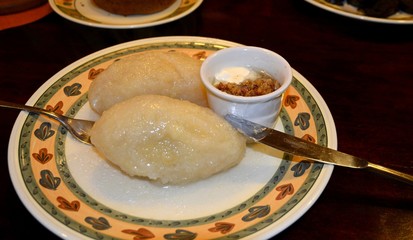 Zeppelins. The national dish of Lithuanian cuisine. Boiled, fried, with various sauces, with sour cream. This is the most traditional Lithuanian specialty. © TATIANA